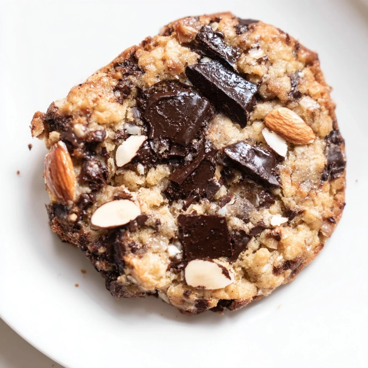 Crisp chewy gluten-free dark chocolate almond crisp cookies fresh from the oven with melted dark chocolate pools
