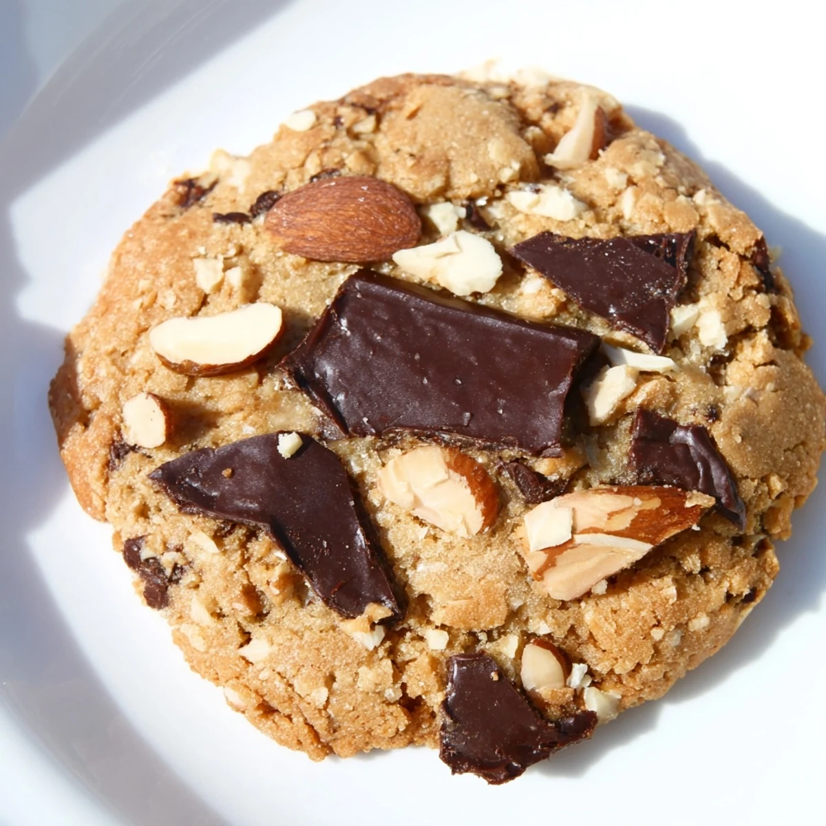 Stack of gluten-free dark chocolate almond crisp cookies showing crunchy almond topping and rich dark chocolate pieces