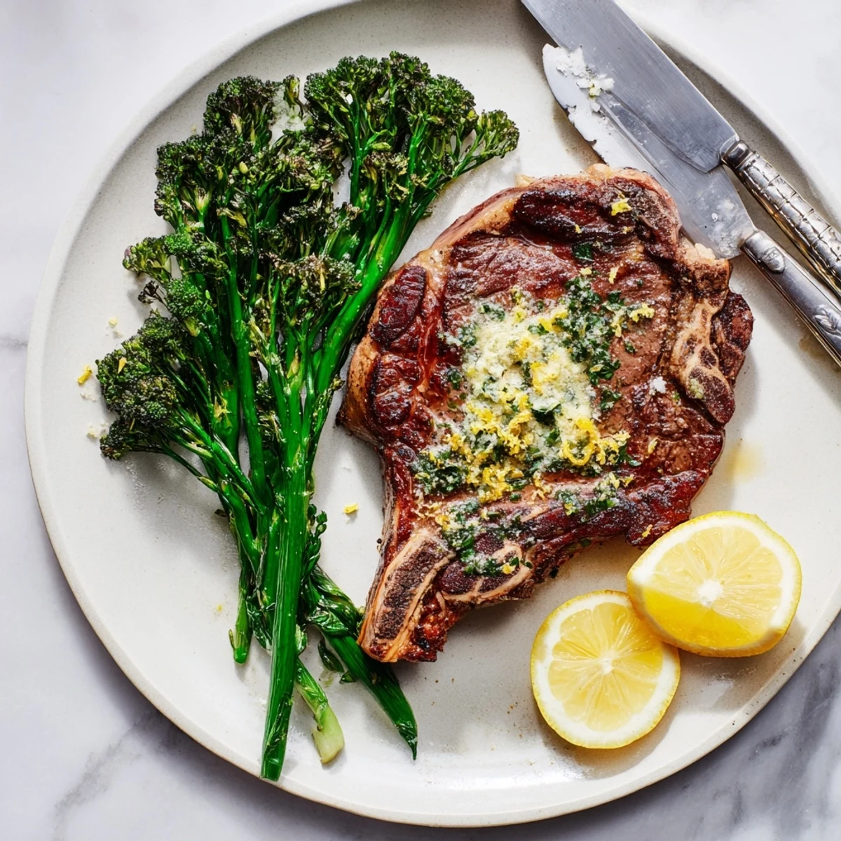 Pan-seared garlic herb steak with golden crust served beside roasted broccolini with fresh lemon