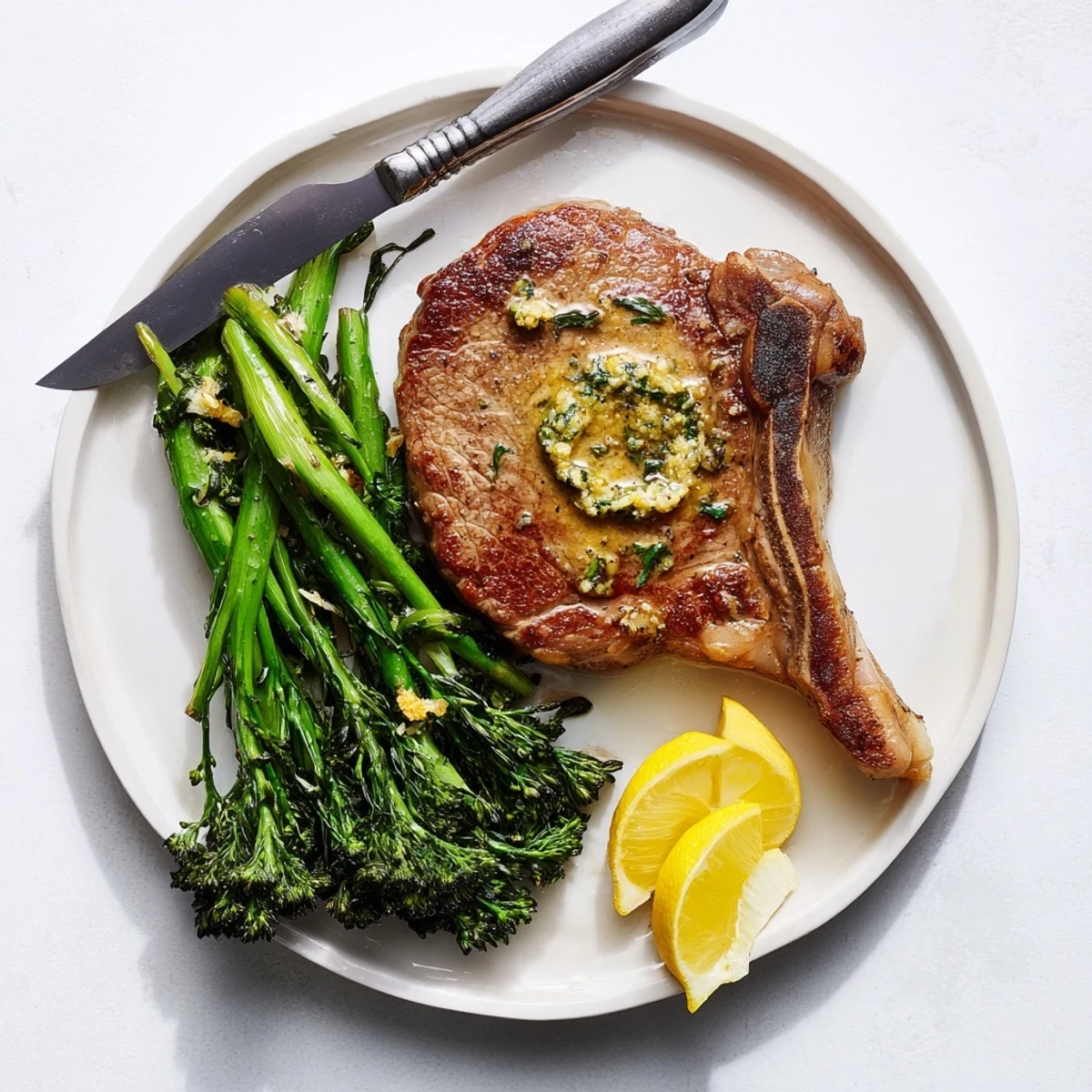 Medium-rare garlic herb steak resting on plate with roasted broccolini topped with lemon zest