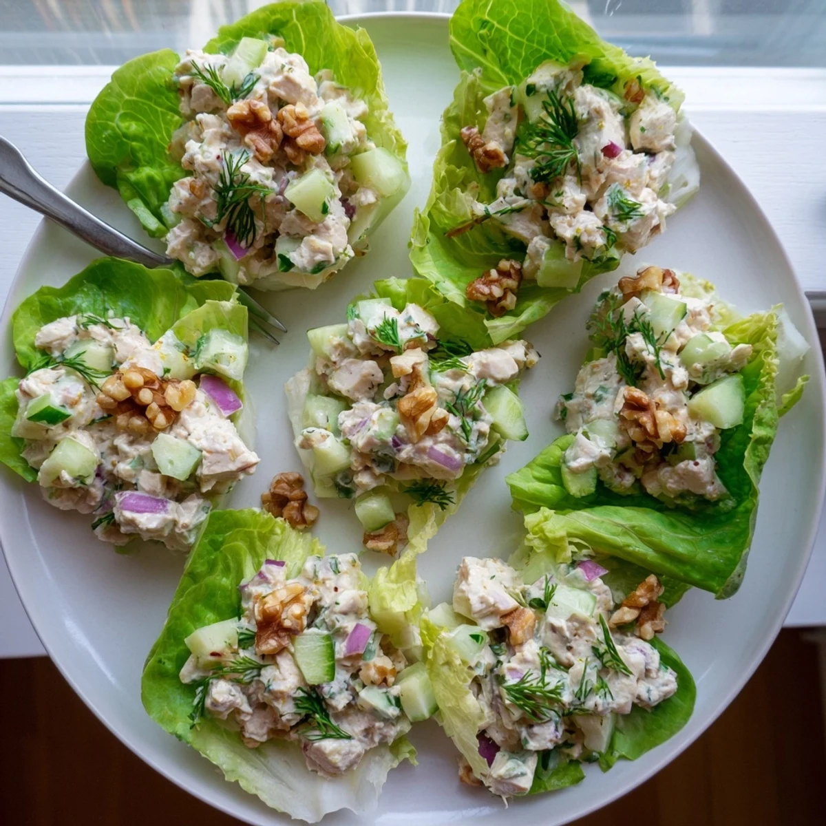 Protein-packed chicken salad with zesty lemon and fresh thyme nestled in lettuce leaves