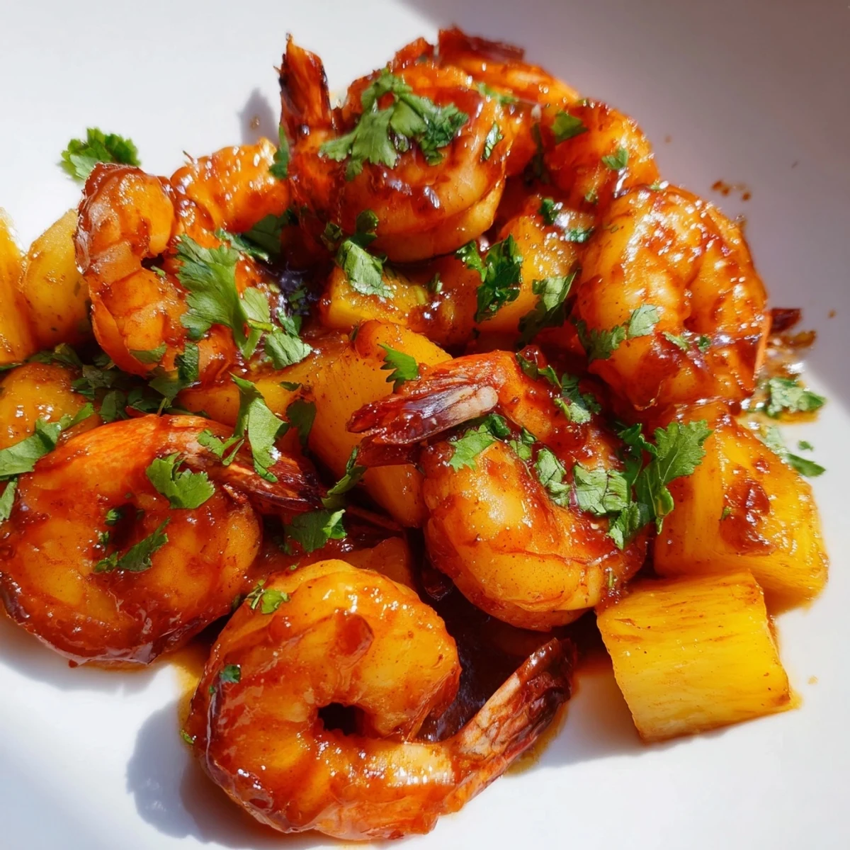Colorful spicy pineapple shrimp resting over zesty lime avocado cabbage slaw