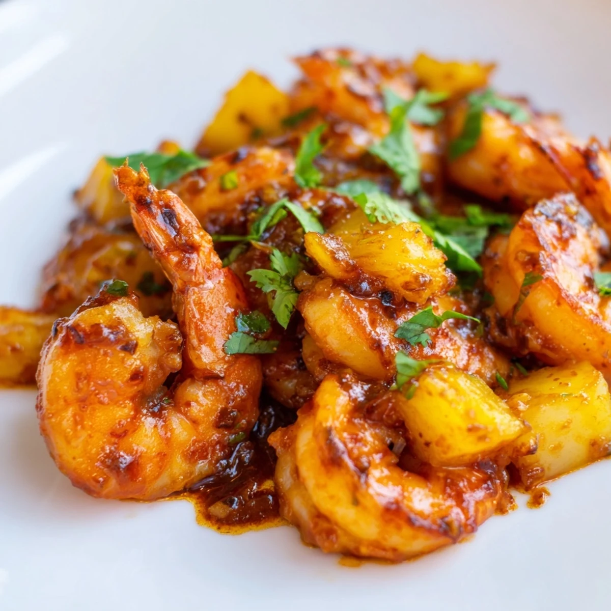 Tropical spicy pineapple shrimp plated with creamy avocado and refreshing lime cabbage slaw
