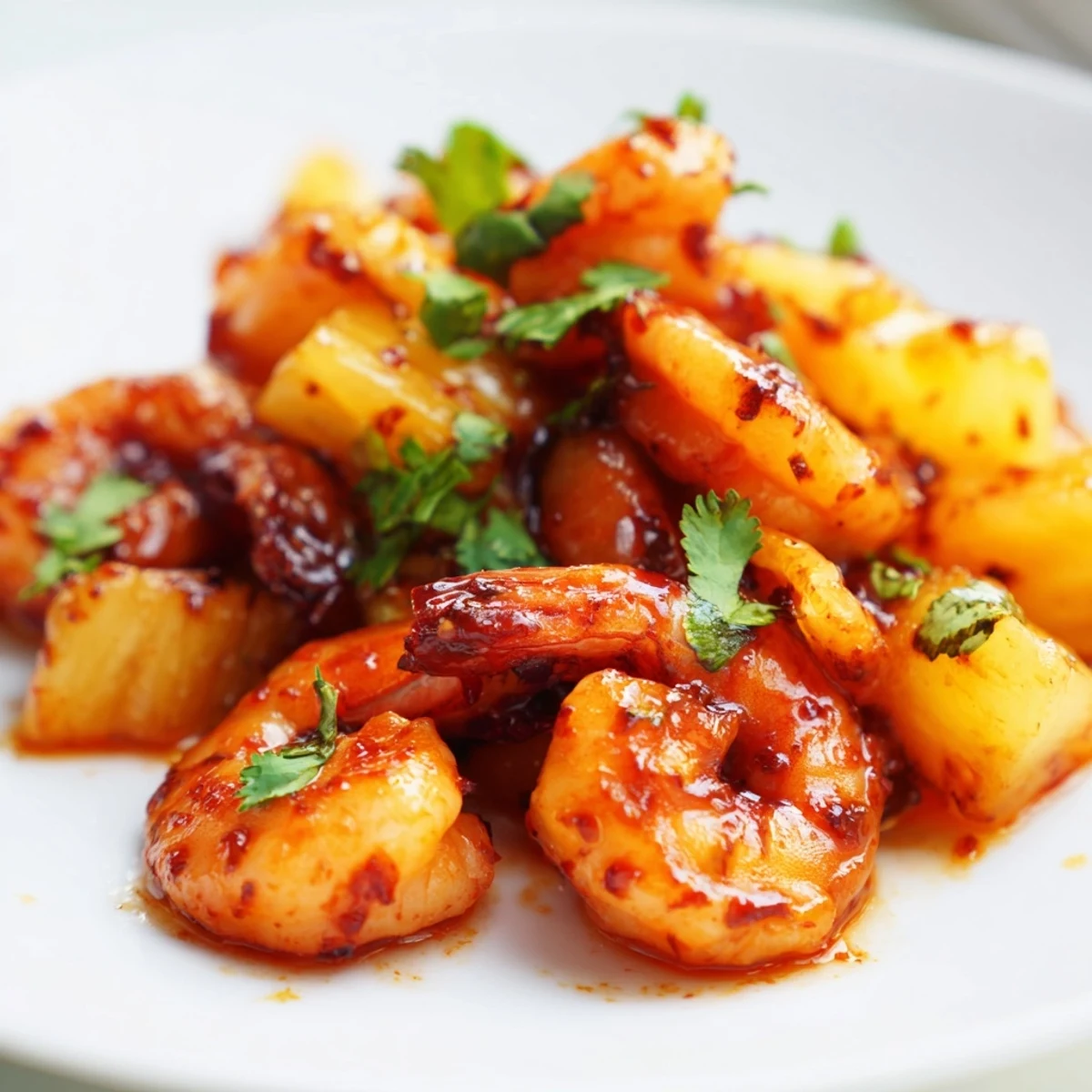 Succulent shrimp with caramelized pineapple chunks atop a vibrant purple green cabbage crunch