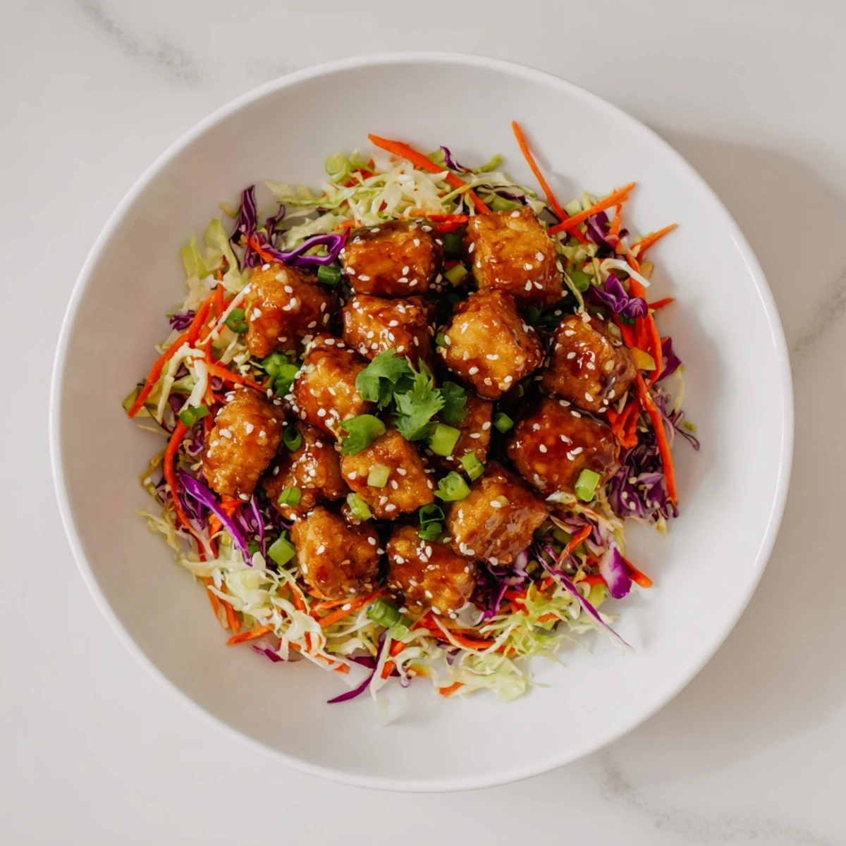 Golden crispy chili sesame tofu cubes served over colorful shredded ginger cabbage slaw with fresh cilantro garnish
