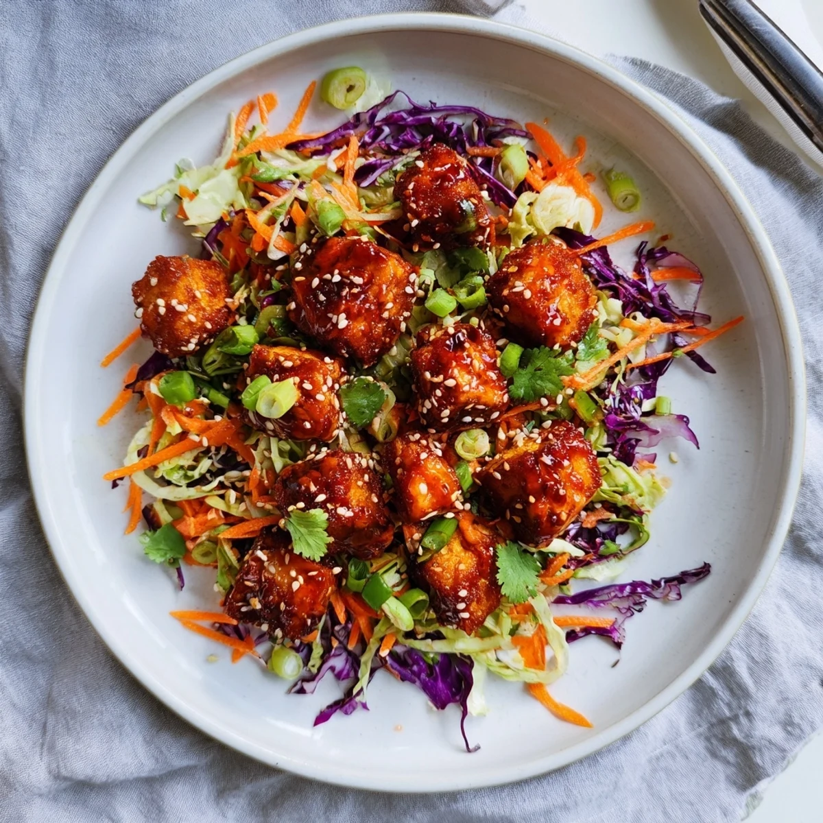 Vegan crispy chili sesame tofu with spicy glaze atop crunchy purple and green cabbage slaw topped with sesame seeds
