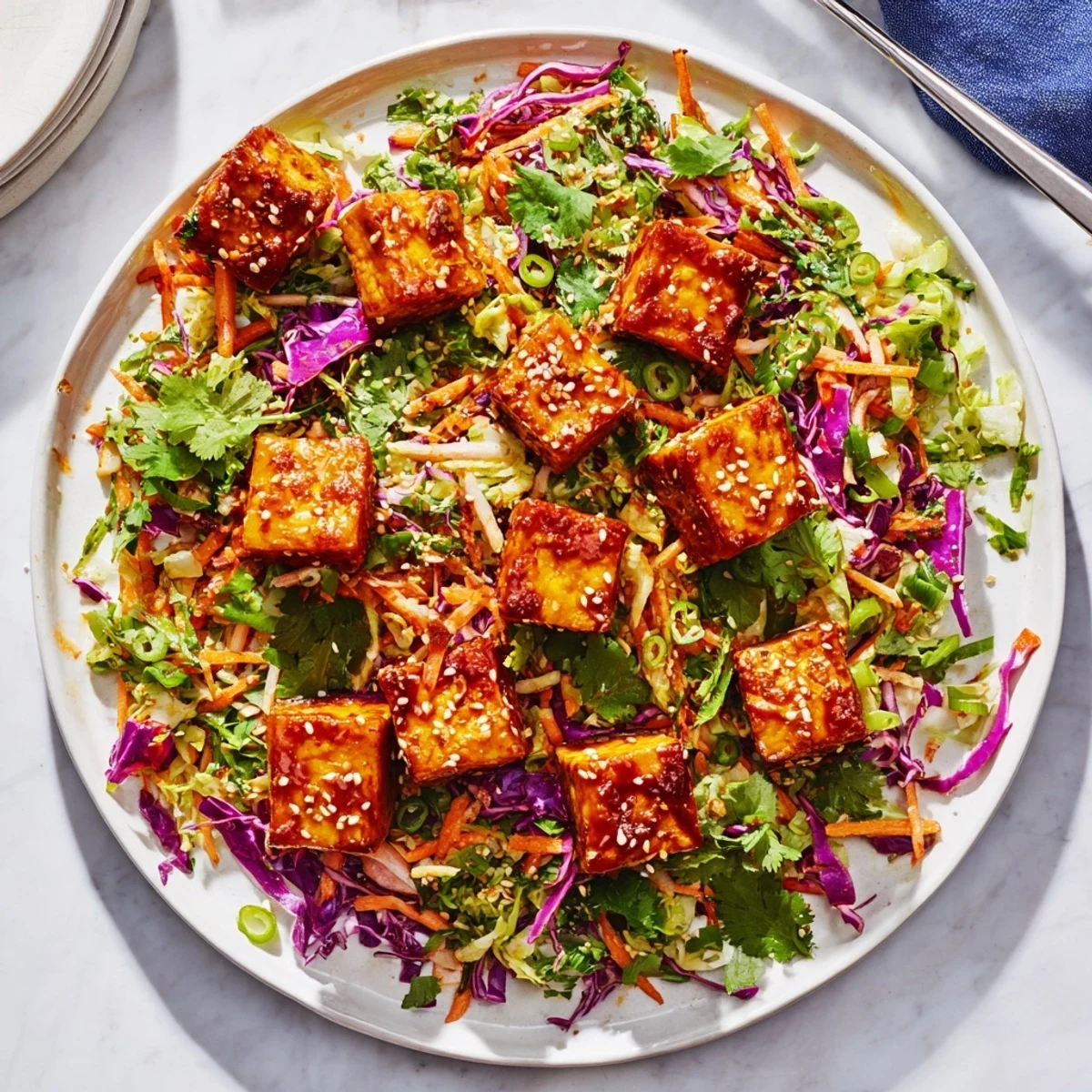 Plate of crispy chili sesame tofu pieces arranged on refreshing ginger cabbage slaw with carrots and scallions