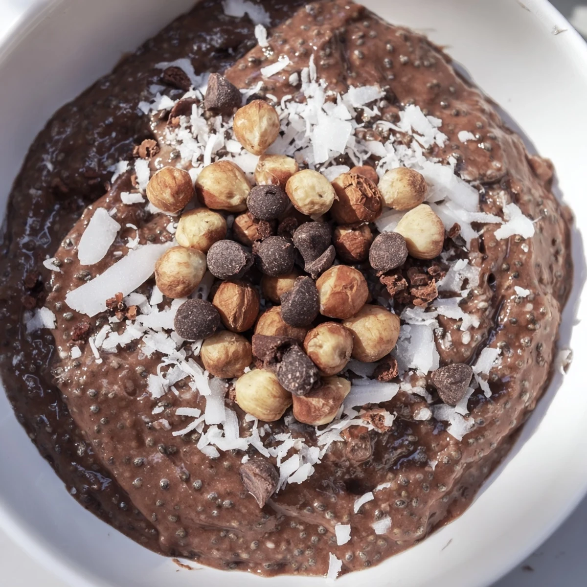 Vegan chocolate hazelnut coconut protein chia pudding layered with dark chocolate chips and sea salt