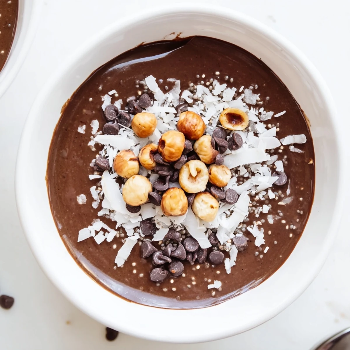 Rich chocolate hazelnut coconut protein chia cream dessert garnished with chopped hazelnuts in glass bowl