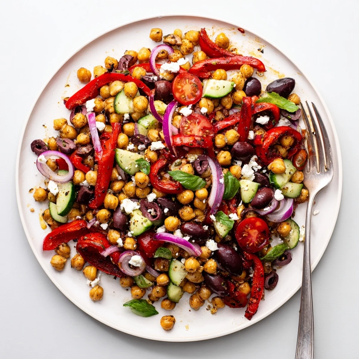 Colorful Mediterranean chickpea salad with roasted red peppers and fresh basil leaves
