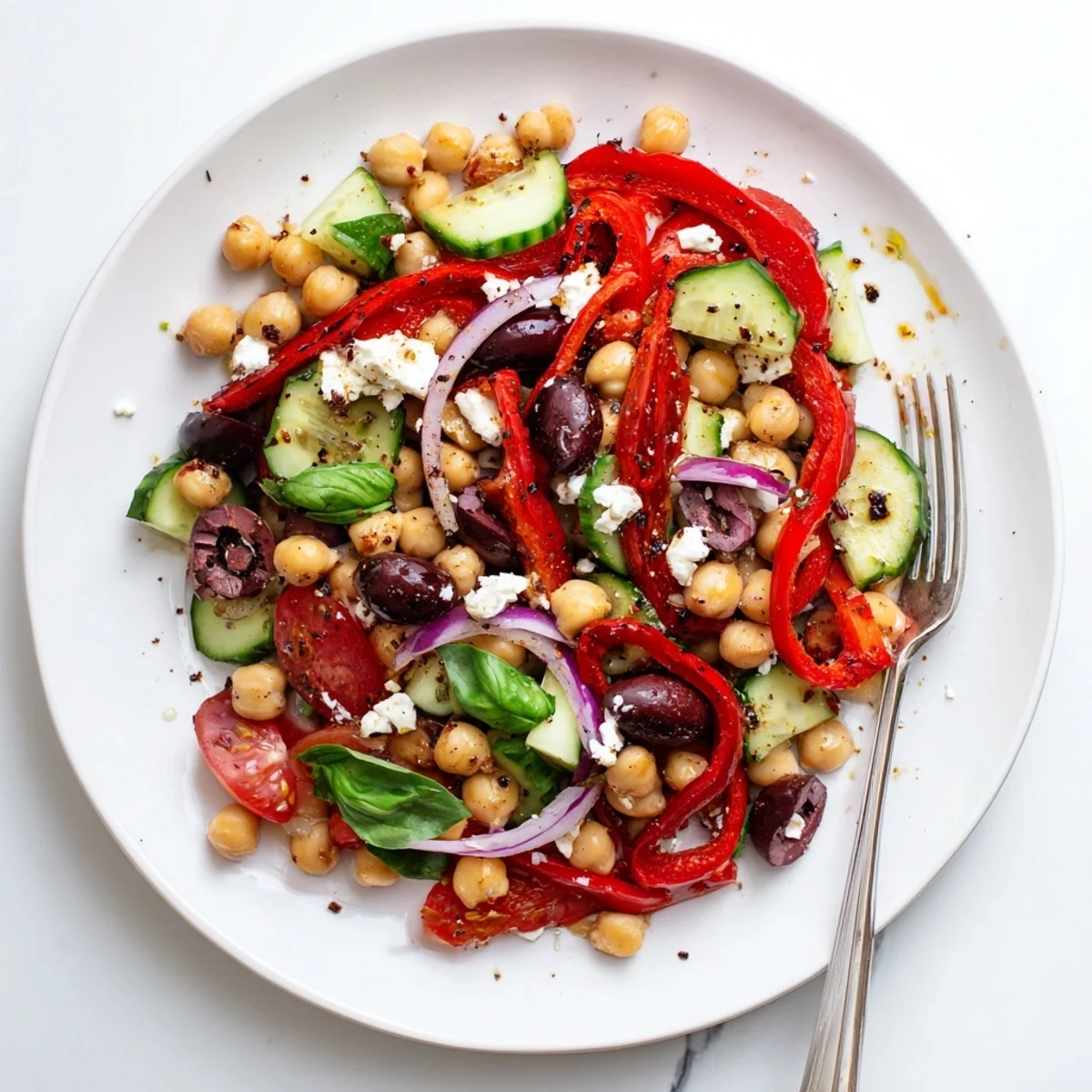 Fresh Mediterranean chickpea and roasted pepper basil salad ready for lunch serving