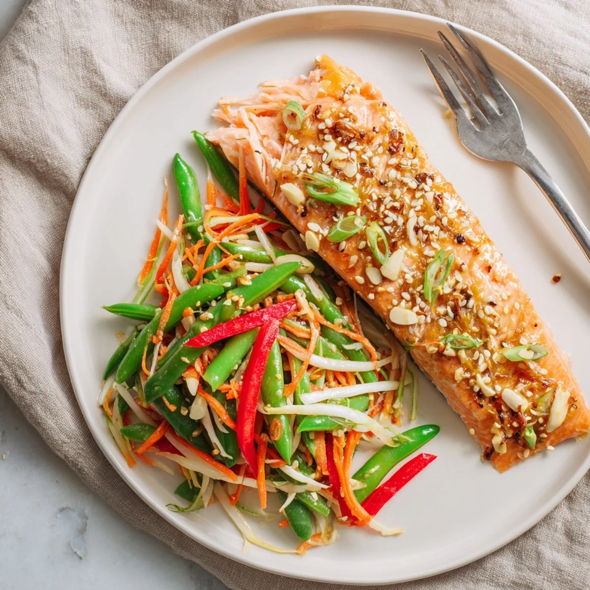Flaky miso glazed salmon resting on bed of refreshing crunchy pea salad