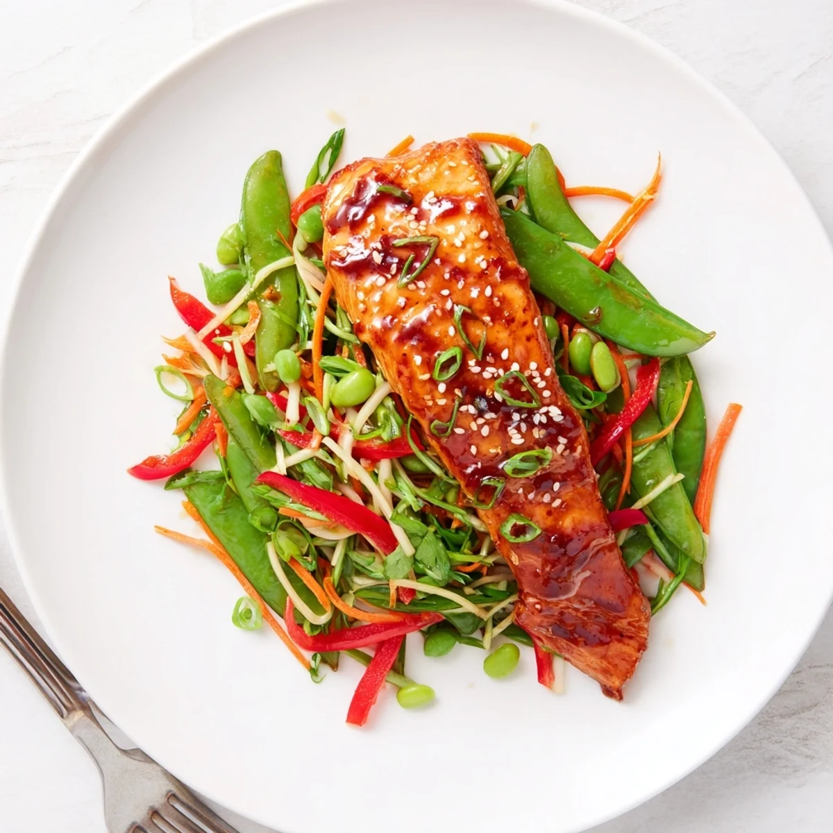 Crispy sesame snap pea slaw with colorful vegetables served alongside baked salmon