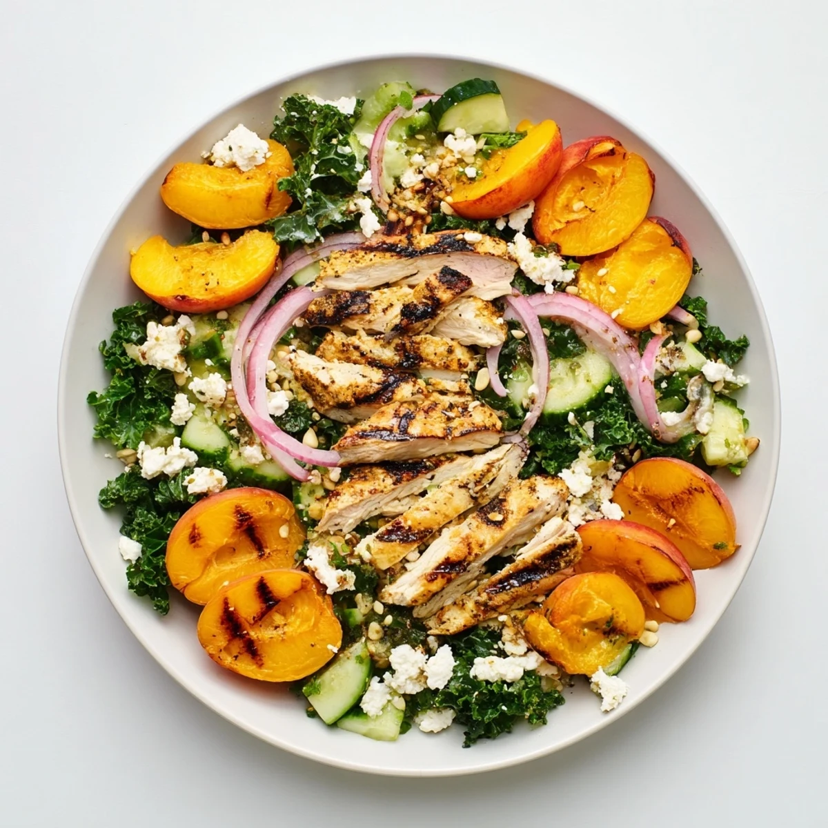 Fresh grilled apricot and kale chicken salad topped with basil and honey lemon dressing