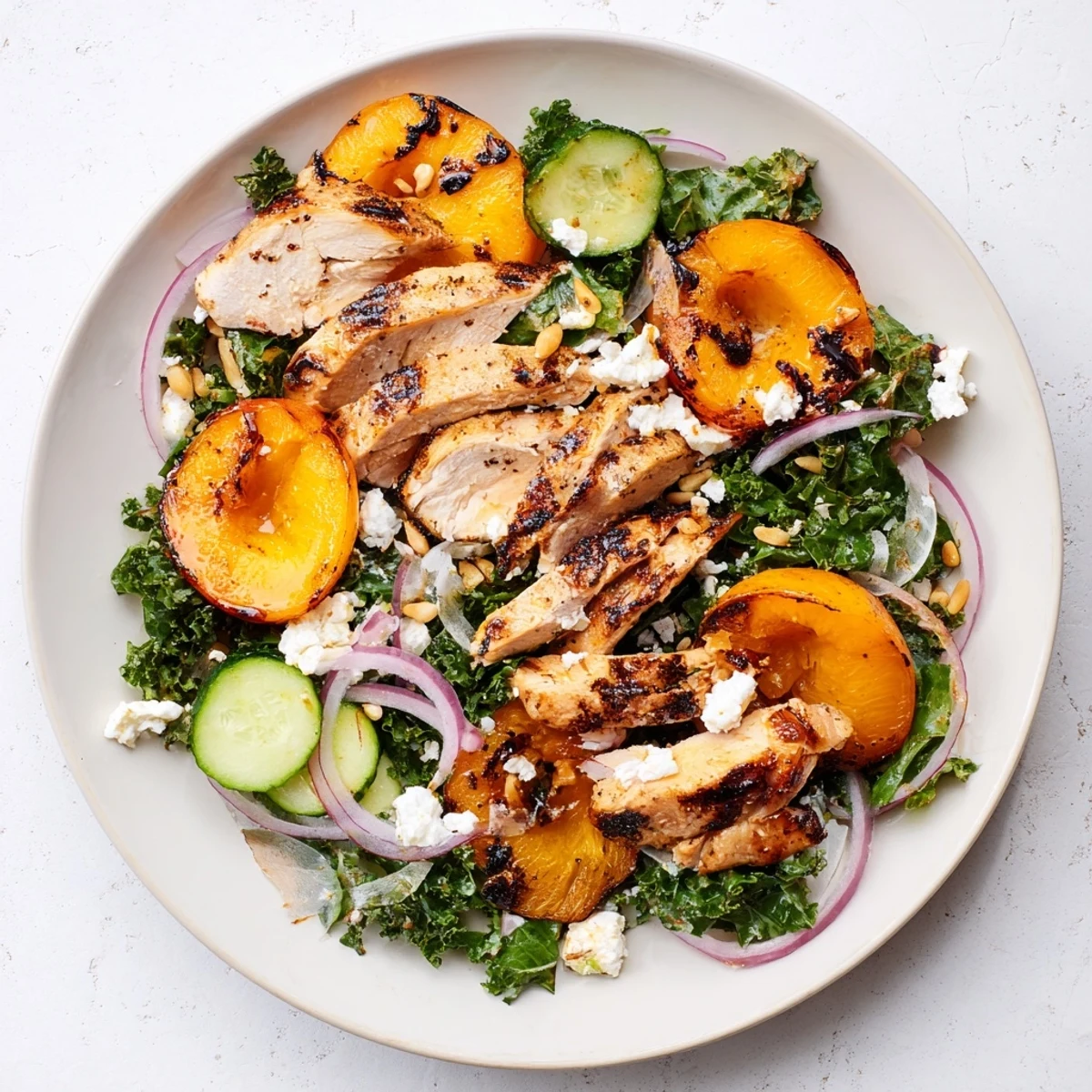 Summer grilled apricot and kale chicken salad with juicy charred fruit and crisp greens