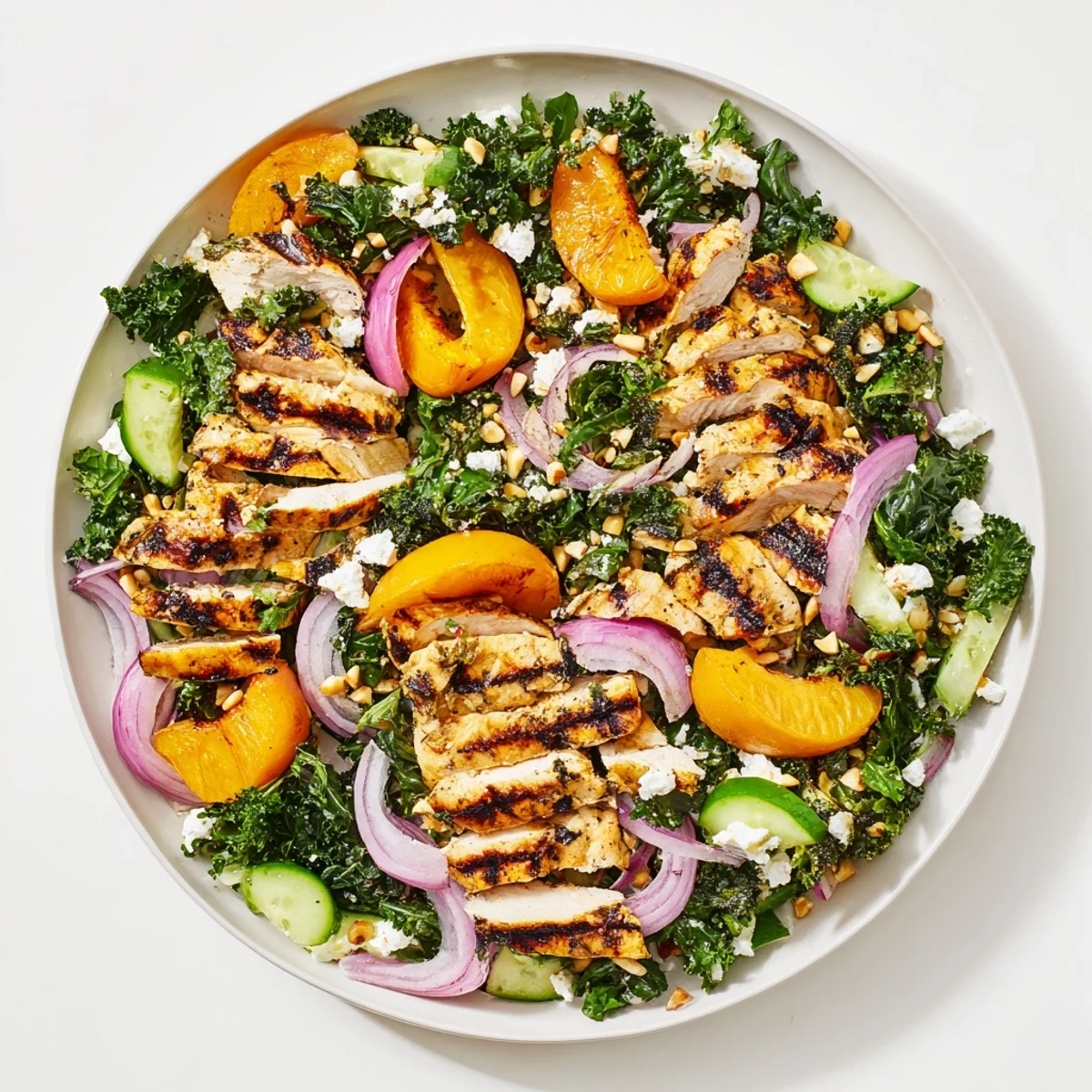 Colorful grilled apricot and kale chicken salad drizzled with light honey lemon vinaigrette