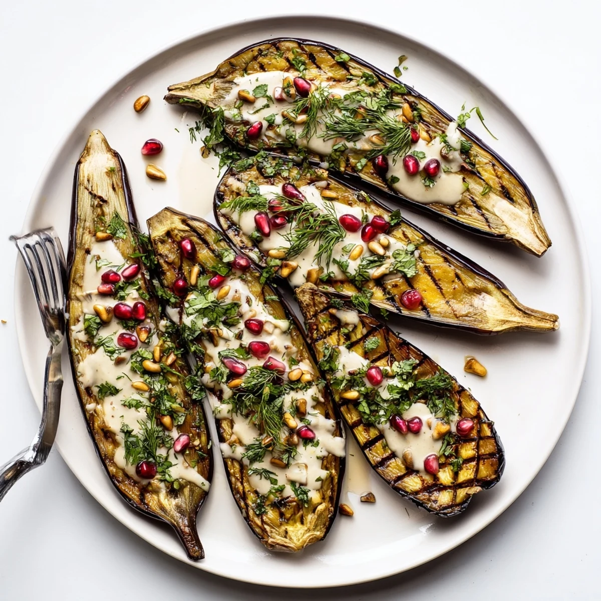 Tender caramelized eggplant topped with bright tahini dressing and garnished with pomegranate seeds and nuts
