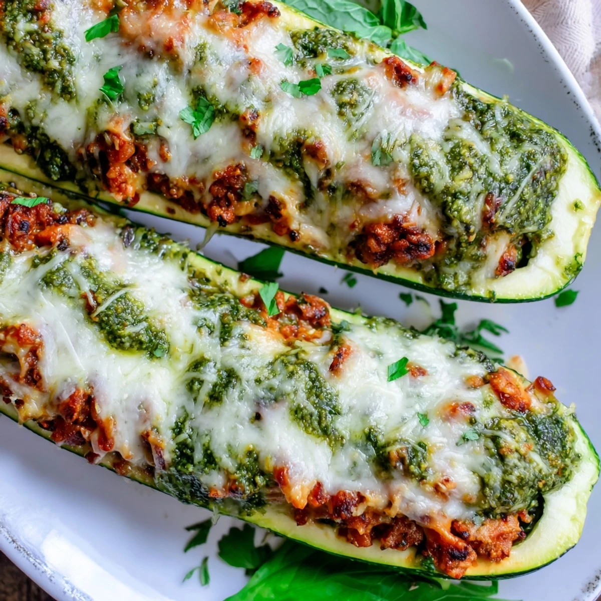 Golden baked pesto turkey and spinach zucchini boats with melted mozzarella cheese