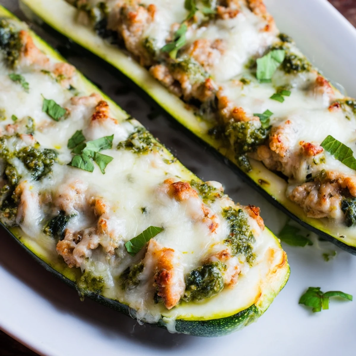 Tender zucchini halves stuffed with savory turkey spinach pesto filling and herbs