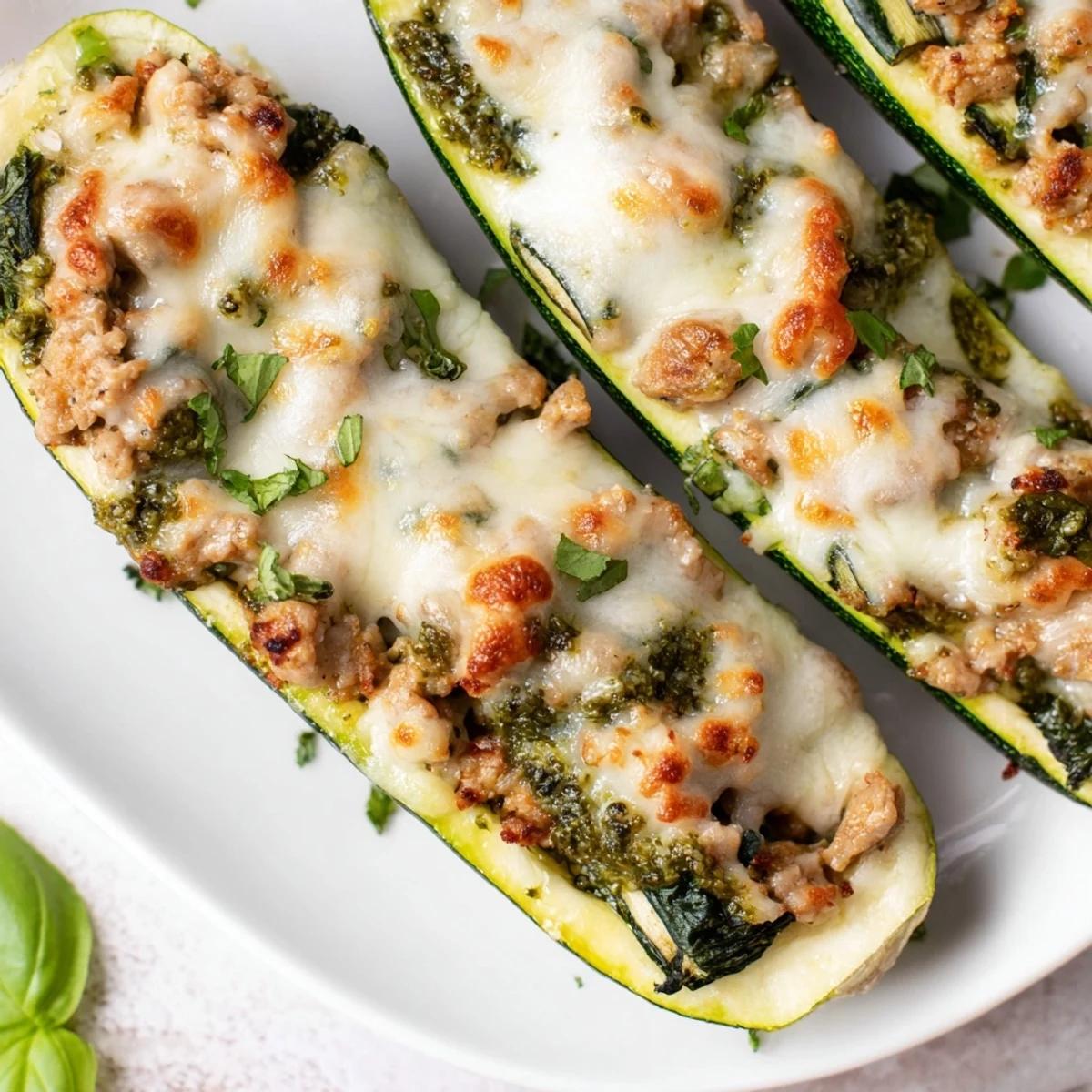 Mediterranean-style zucchini boats loaded with ground turkey spinach and basil pesto topping
