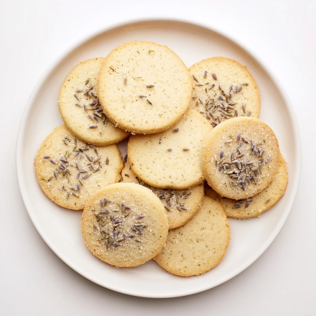 Golden vegan vanilla lavender sugar cookies sprinkled with purple buds on a white plate