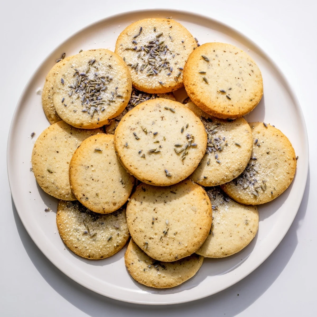 Stack of plant-based vanilla lavender sugar cookies topped with sparkling sugar and lavender flowers