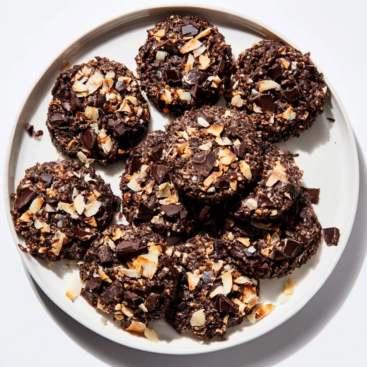 Golden brown gluten-free dark chocolate coconut crunch cookies with melted chocolate chunks and toasted coconut flakes on a wire cooling rack
