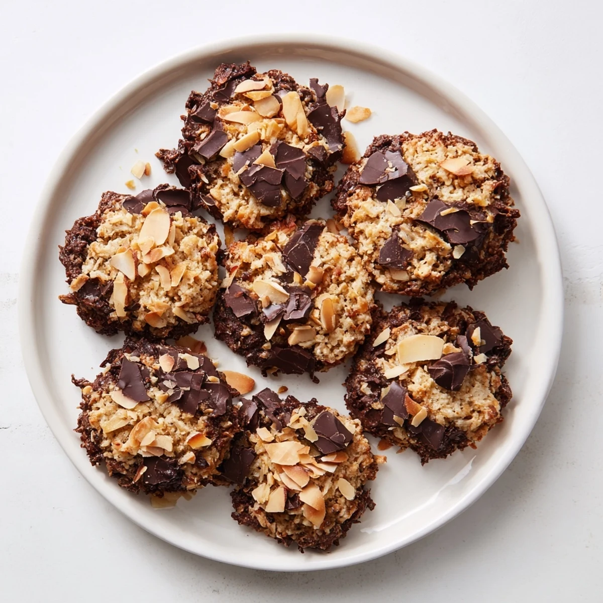 Crispy gluten-free dark chocolate coconut crunch cookies fresh from the oven with visible melted chocolate chips and shredded coconut texture
