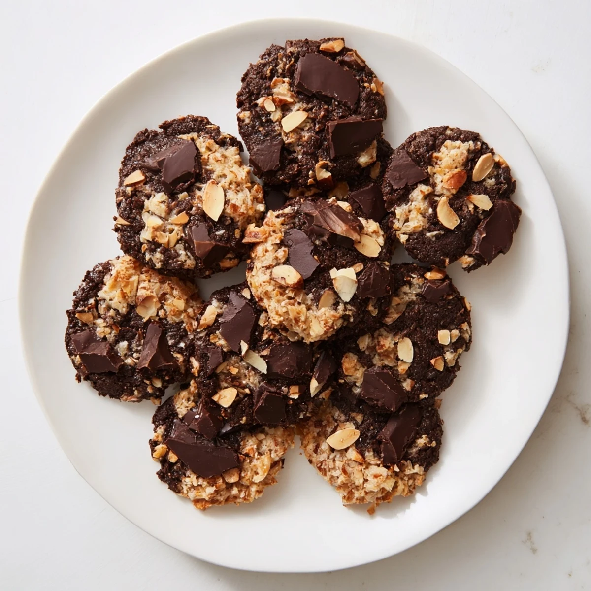 Stack of homemade gluten-free dark chocolate coconut crunch cookies featuring rich cocoa chunks and golden toasted coconut accents