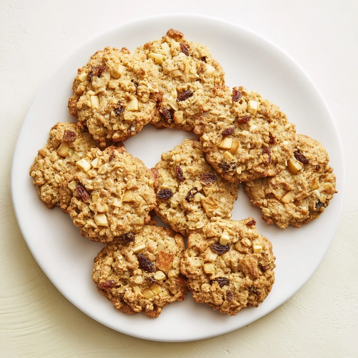 Stack of chewy homemade apple honey oatmeal raisin cookies on a wooden cutting board with raisins scattered around