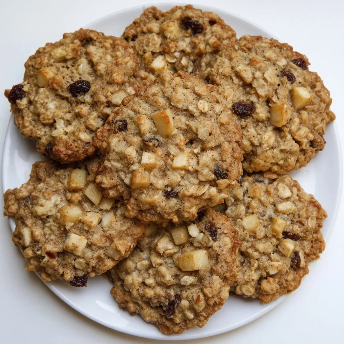 Golden brown apple honey oatmeal raisin cookies cooling on a wire rack with visible diced apple pieces