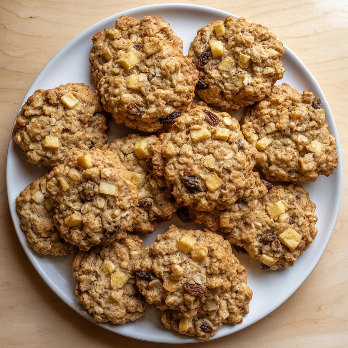 Freshly baked apple honey oatmeal raisin cookies with soft centers and lightly crisped edges on parchment paper