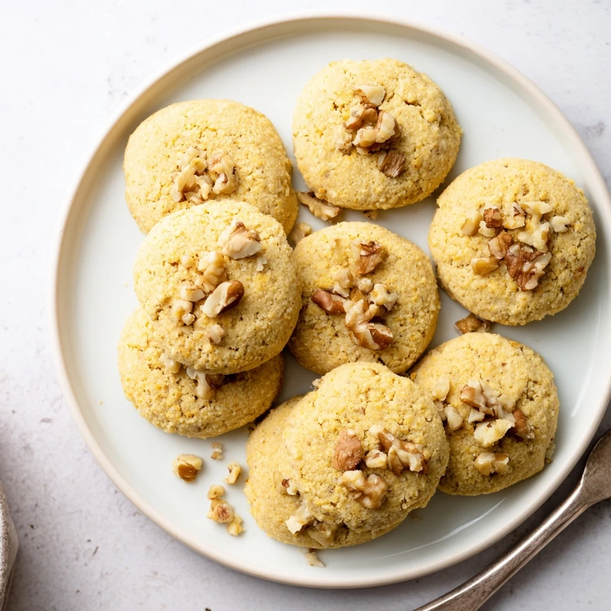 Freshly baked low-carb vanilla walnut butter cookies with crisp edges and a tender crumb on a white plate