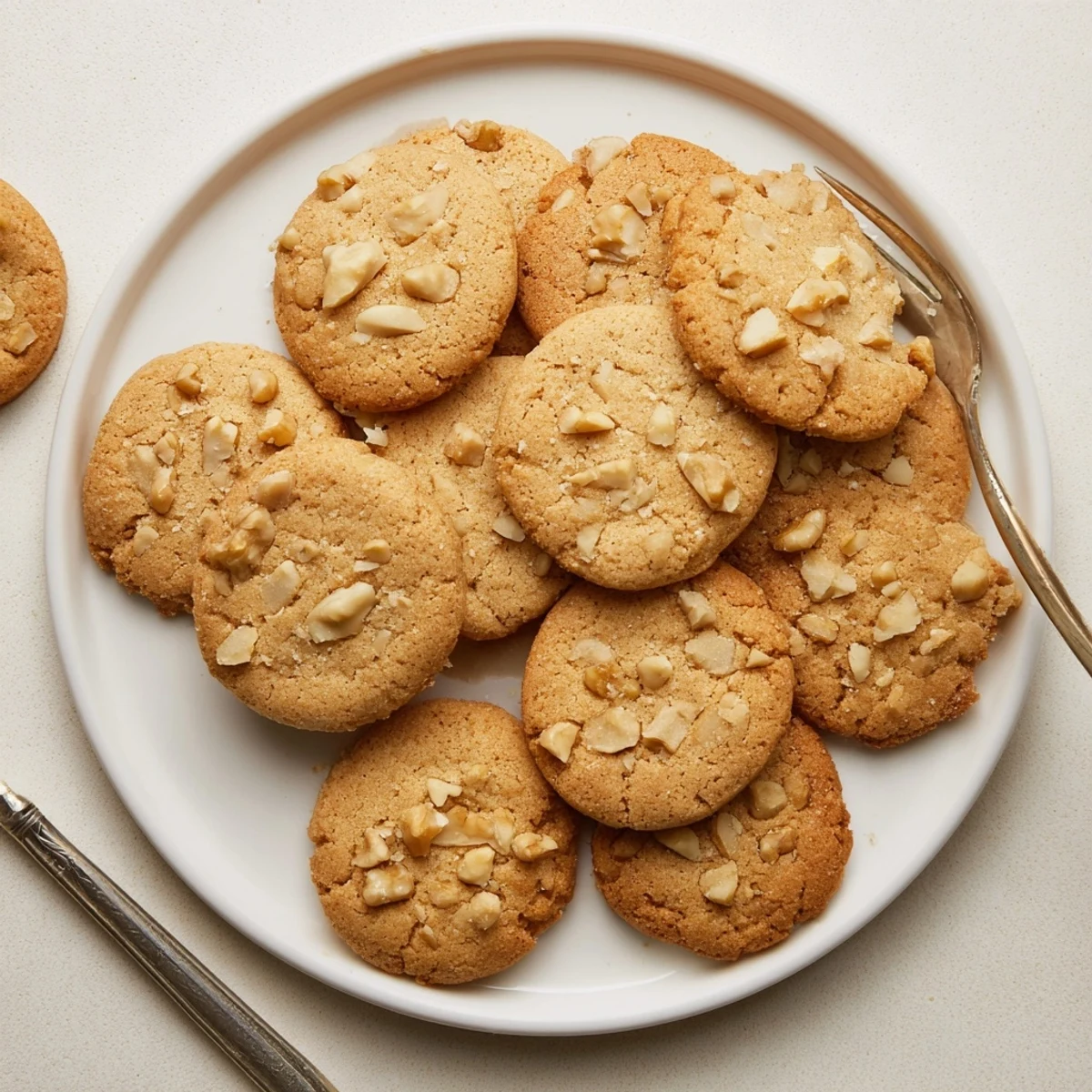 Golden keto vanilla walnut butter cookies arranged on a cooling rack with chopped walnuts visible throughout