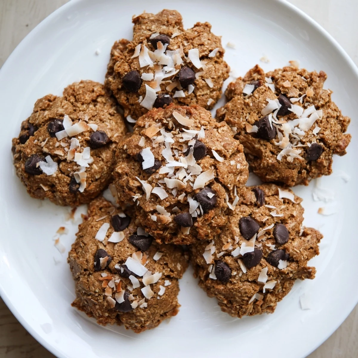 Freshly baked gluten-free espresso chocolate coconut cookies with melted chocolate centers and toasted coconut flakes