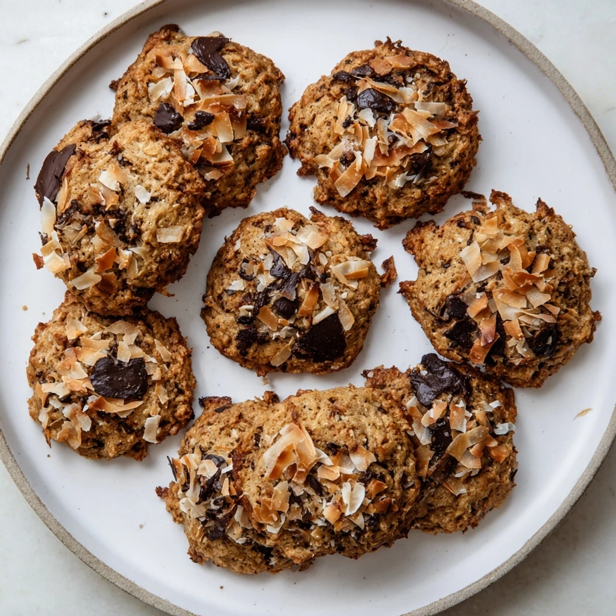 Chewy gluten-free espresso chocolate coconut cookies studded with dark chocolate chips on a cooling rack