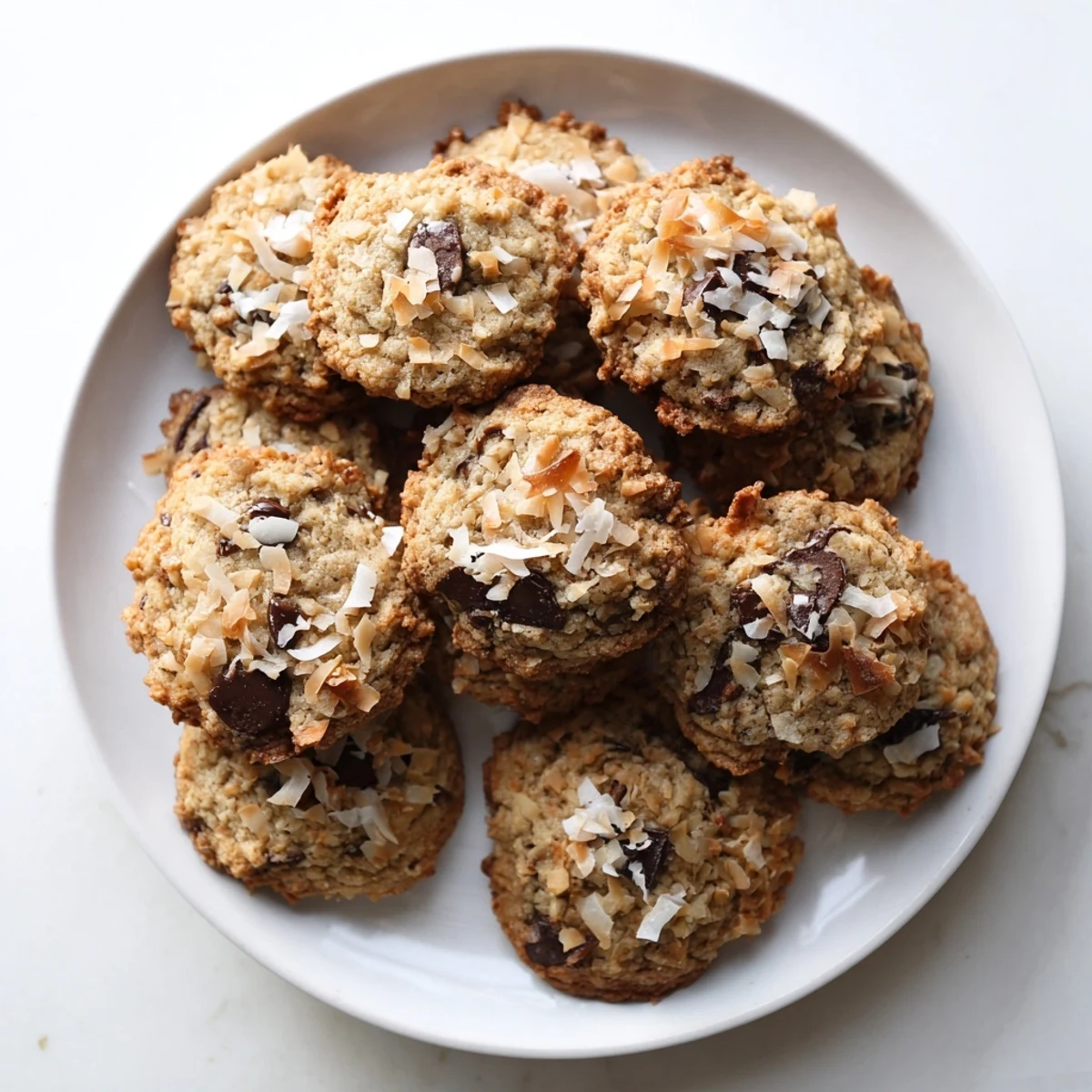 Plate of rich gluten-free espresso chocolate coconut cookies paired with a steaming cup of cappuccino