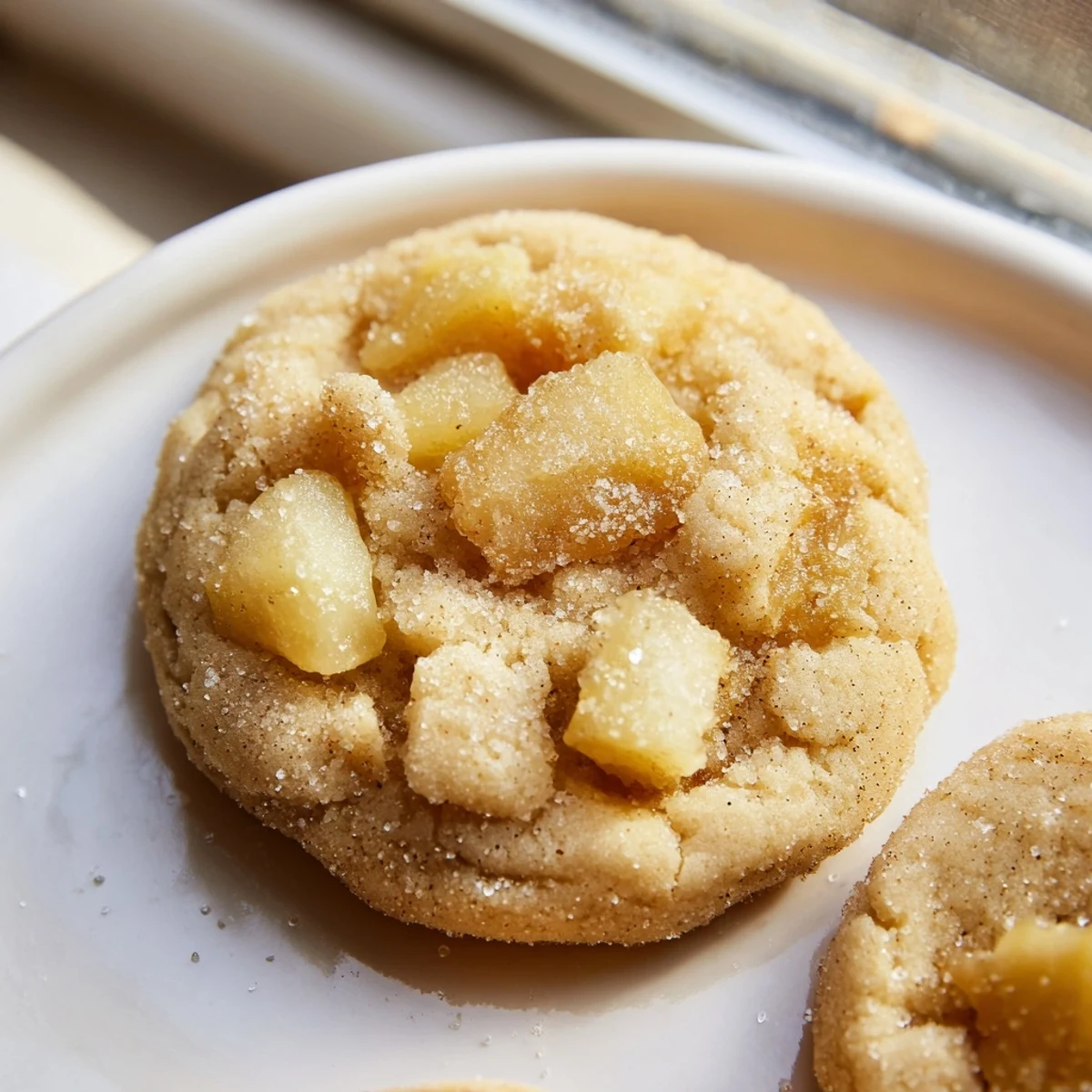 Soft vegan pineapple apple sugar cookies with visible fruit pieces on a wooden board