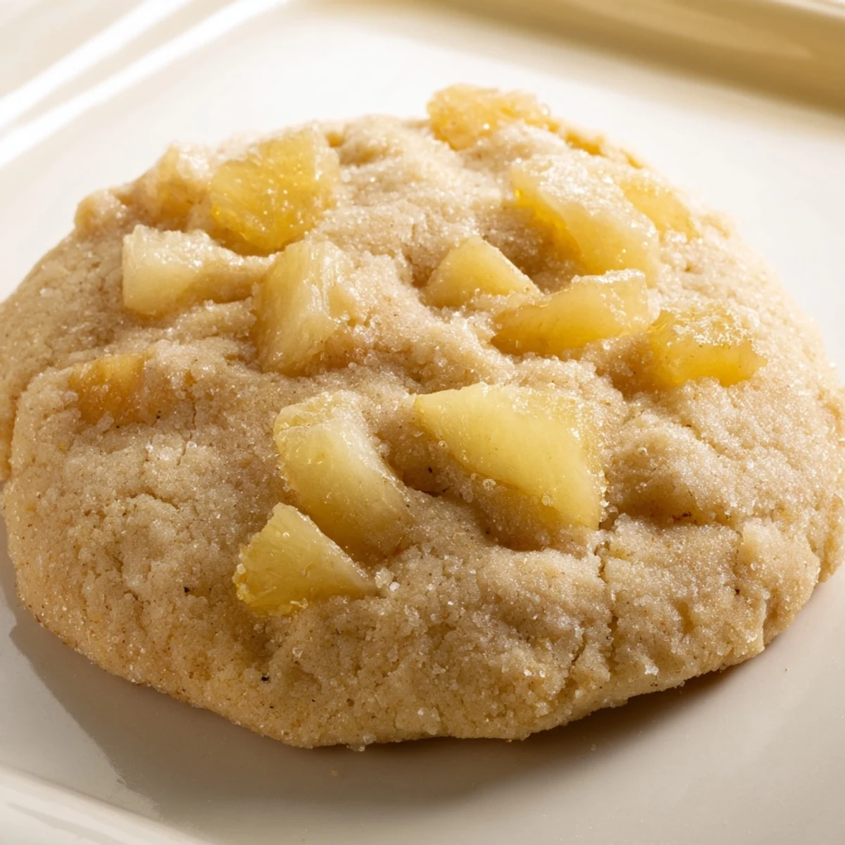 Golden vegan pineapple apple sugar cookies stacked on a white plate with napkin