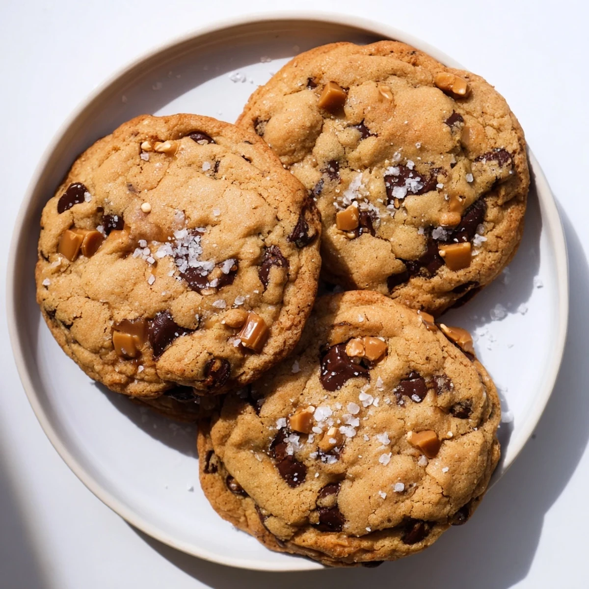 Golden brown butter caramel honey chocolate chip cookies with melty chocolate chunks and gooey caramel pockets on a cooling rack