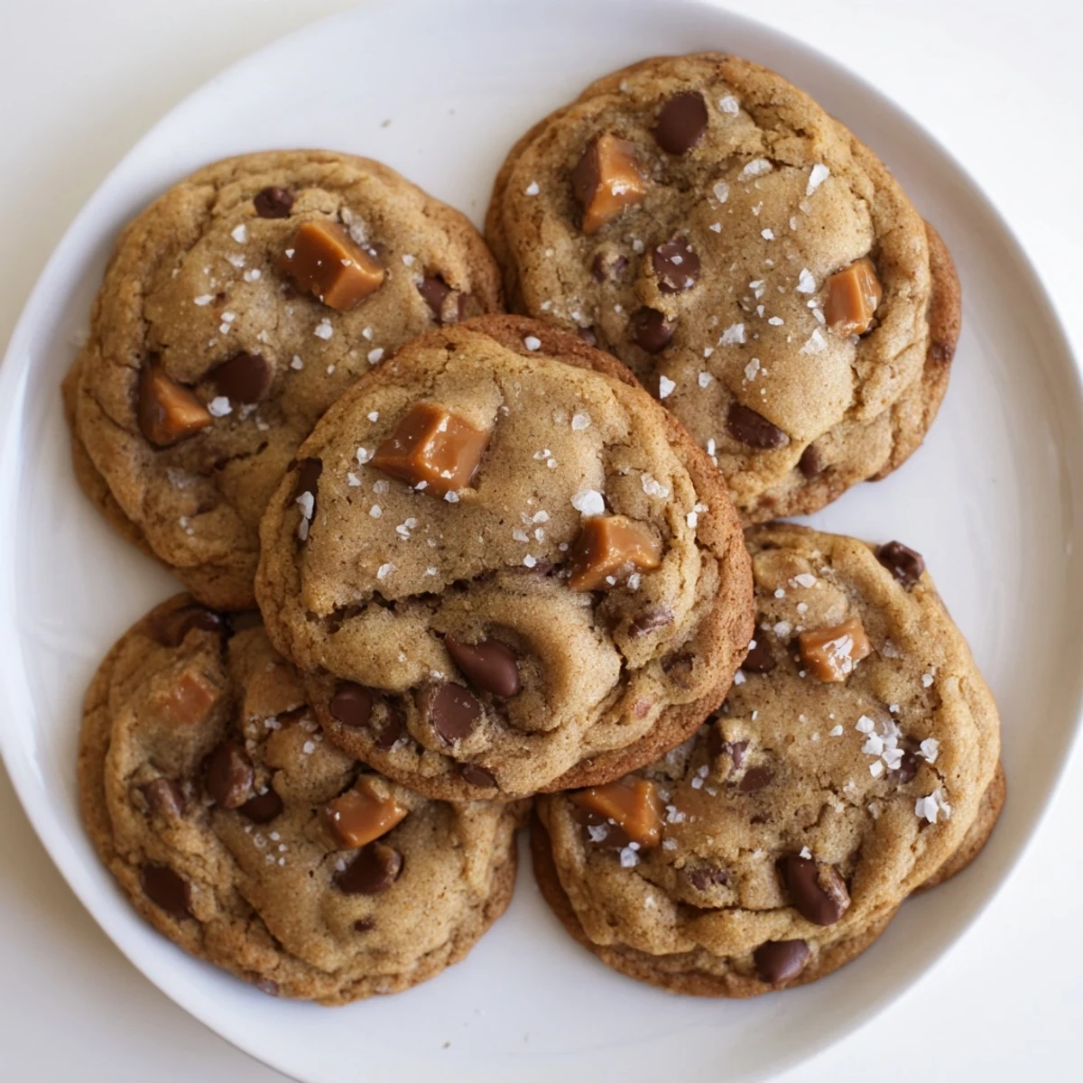 Freshly baked brown butter caramel honey chocolate chip cookies sprinkled with flaky sea salt on a wooden board