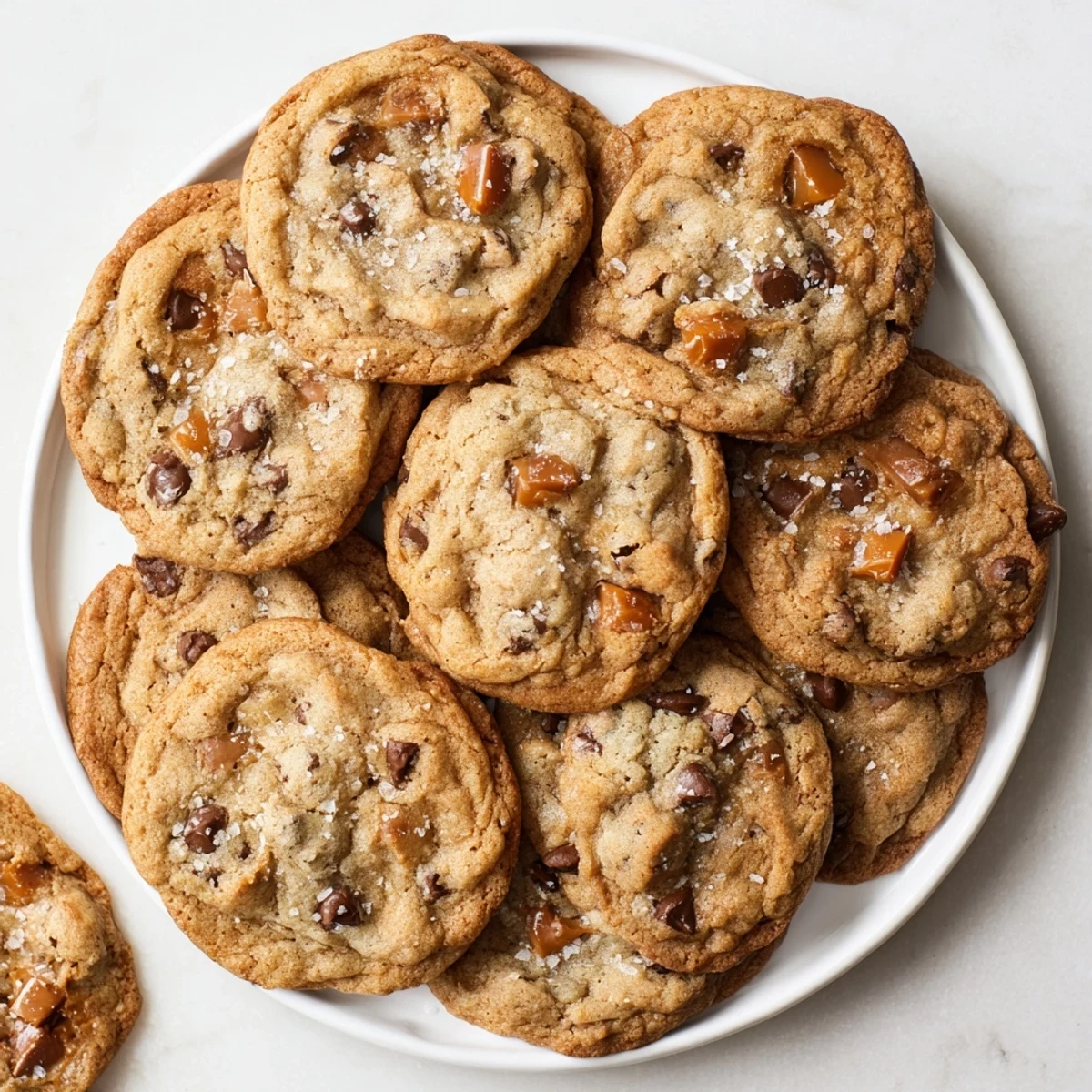 Chewy brown butter caramel honey chocolate chip cookies stacked with rich caramel swirls and semisweet chocolate chips visible