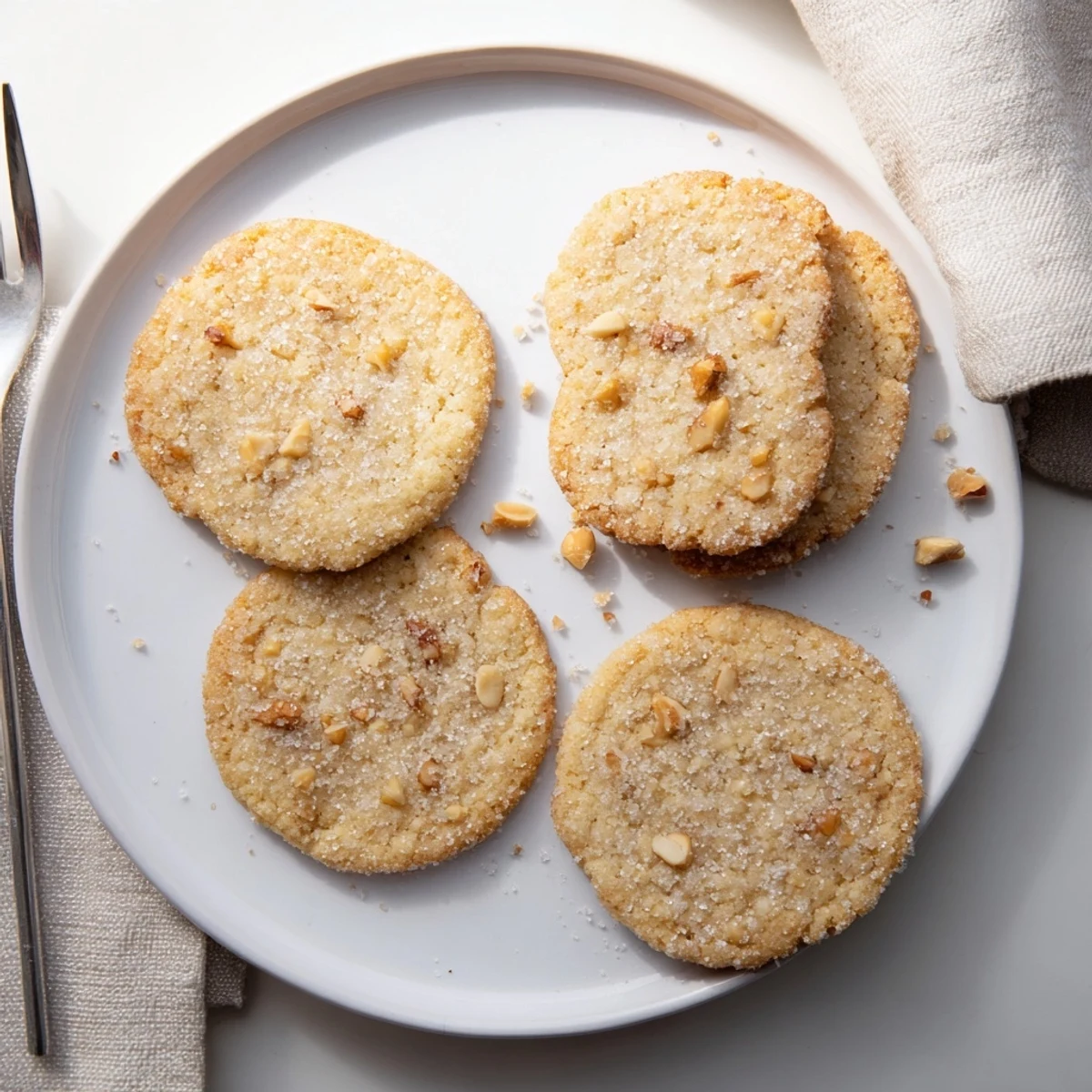 Plate of bright lemon hazelnut sugar cookies with crisp edges and soft chewy centers