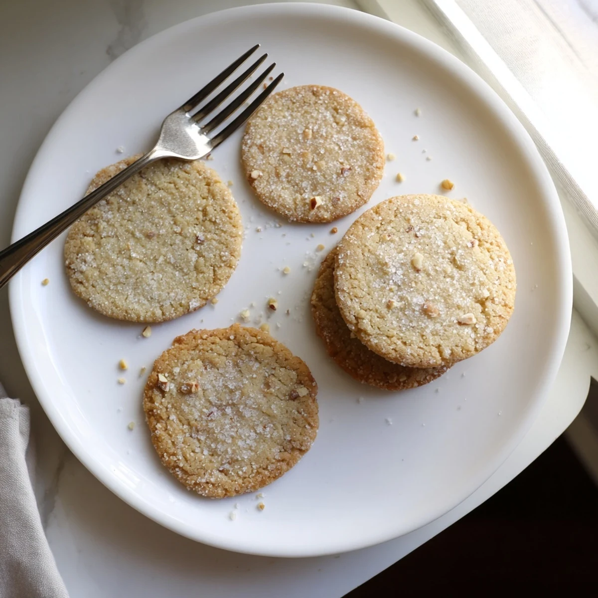 Golden gluten-free lemon hazelnut sugar cookies topped with crunchy chopped nuts and sparkling sugar