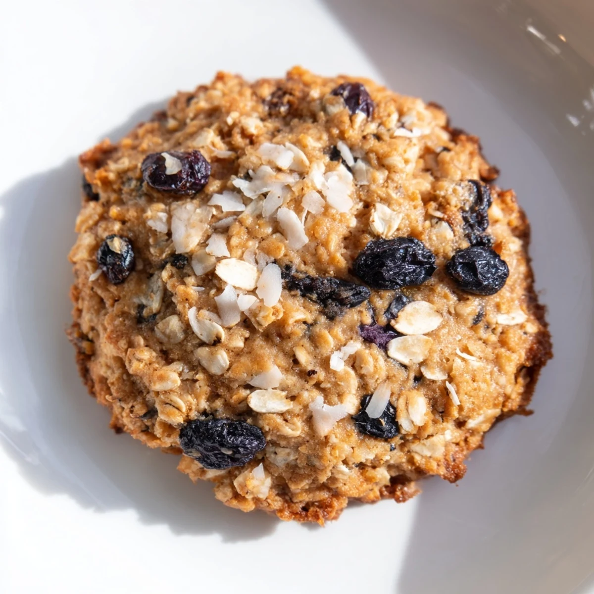 Chewy homemade vegan blueberry coconut oatmeal raisin cookies stacked on a wooden cutting board ready for serving