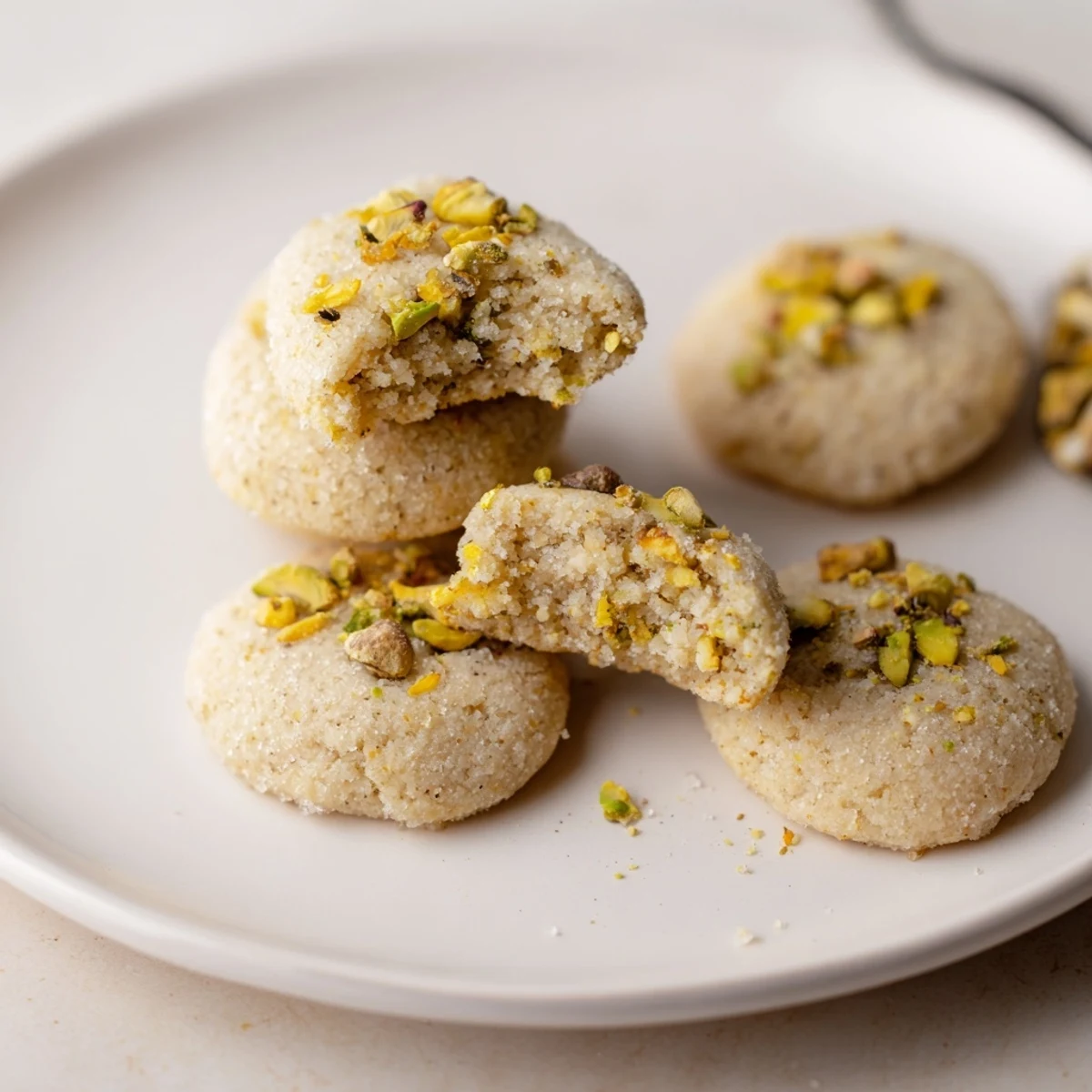 Plate of Gluten-Free Lemon Pistachio Sugar Cookies beside tea, tender, sugar-crusted.