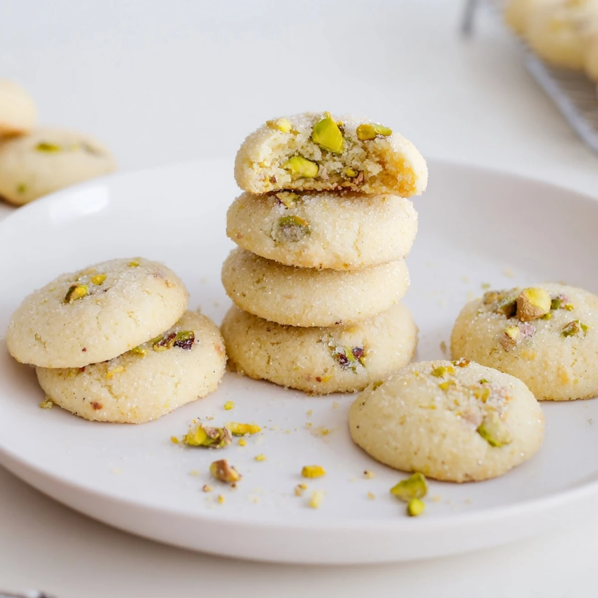Freshly baked Gluten-Free Lemon Pistachio Sugar Cookies cooling on parchment, buttery.