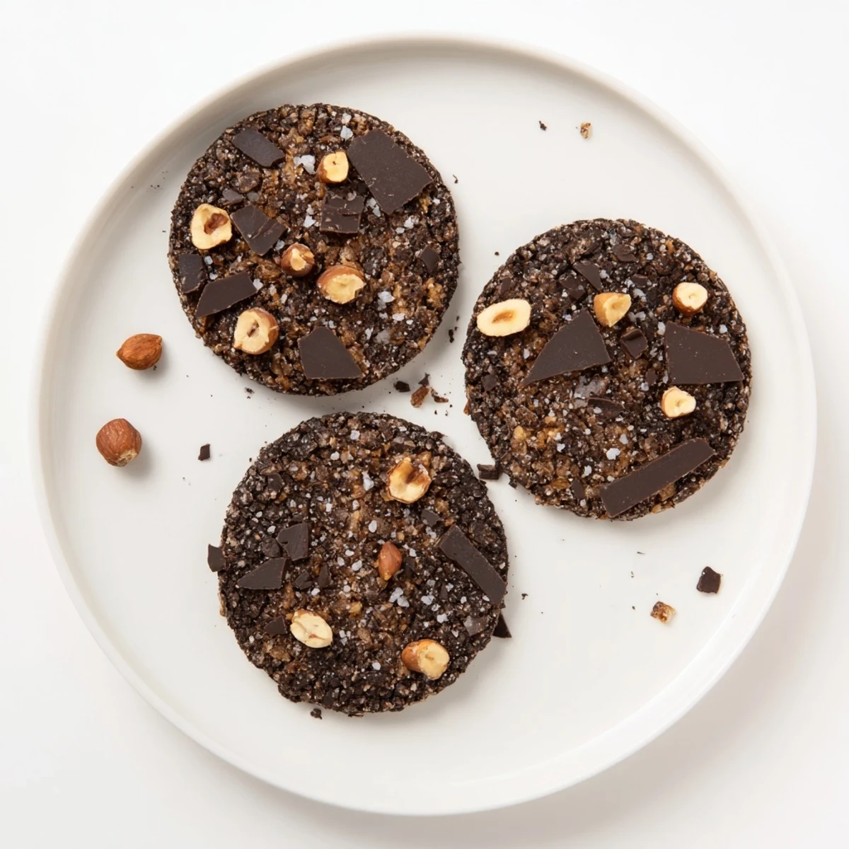Warm Gluten-Free Dark Chocolate Hazelnut Crunch Cookies on parchment, toasted hazelnuts visible  