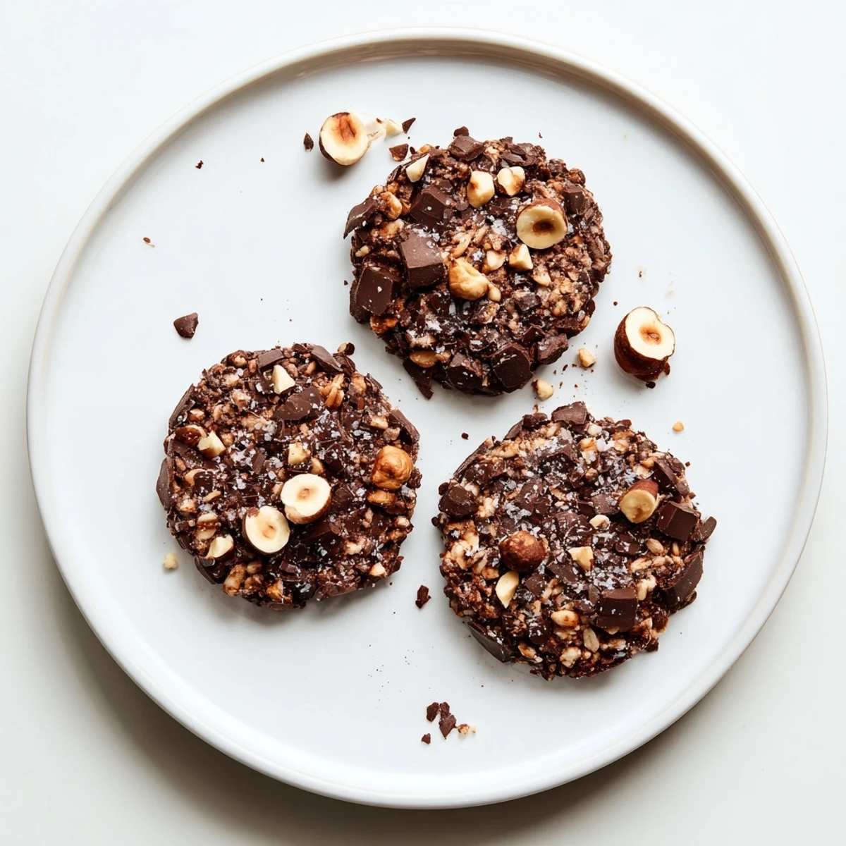 Stack of Gluten-Free Dark Chocolate Hazelnut Crunch Cookies with flaky sea salt sprinkle