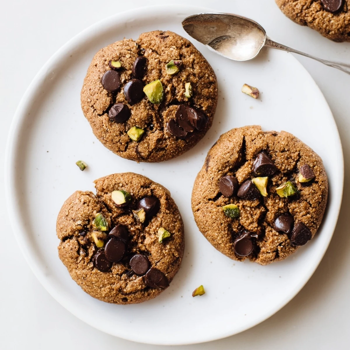 Gluten-Free Espresso Chocolate Pistachio Cookies cooling on a wire rack, gooey centers.